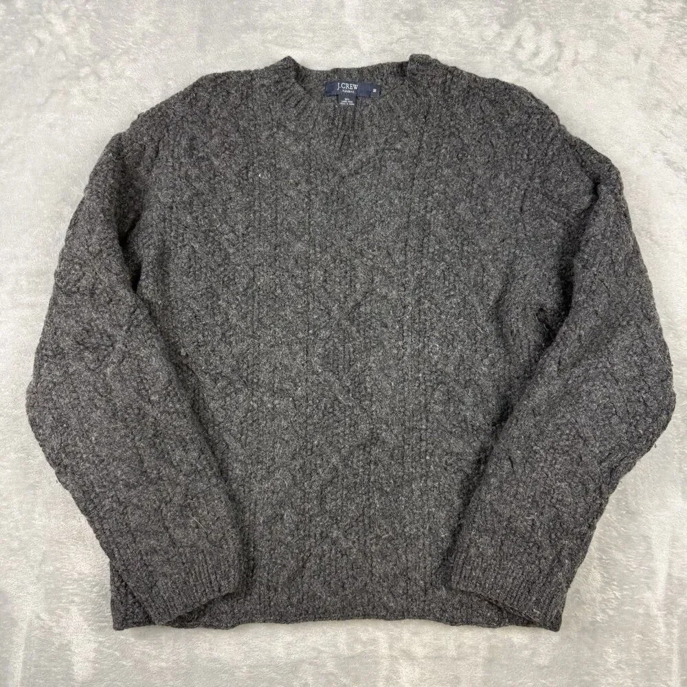 Vintage J.Crew Handknit 100% Lambswool Sweater Mens Medium Gray Chunky Knit
